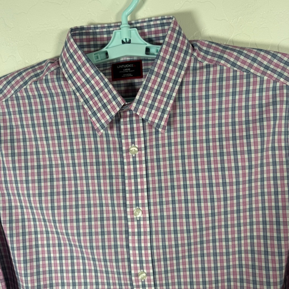 UNTUCKit Button Down Mens Large Pink Blue Plaid Slim Fit Wrinkle Free Dolcetto